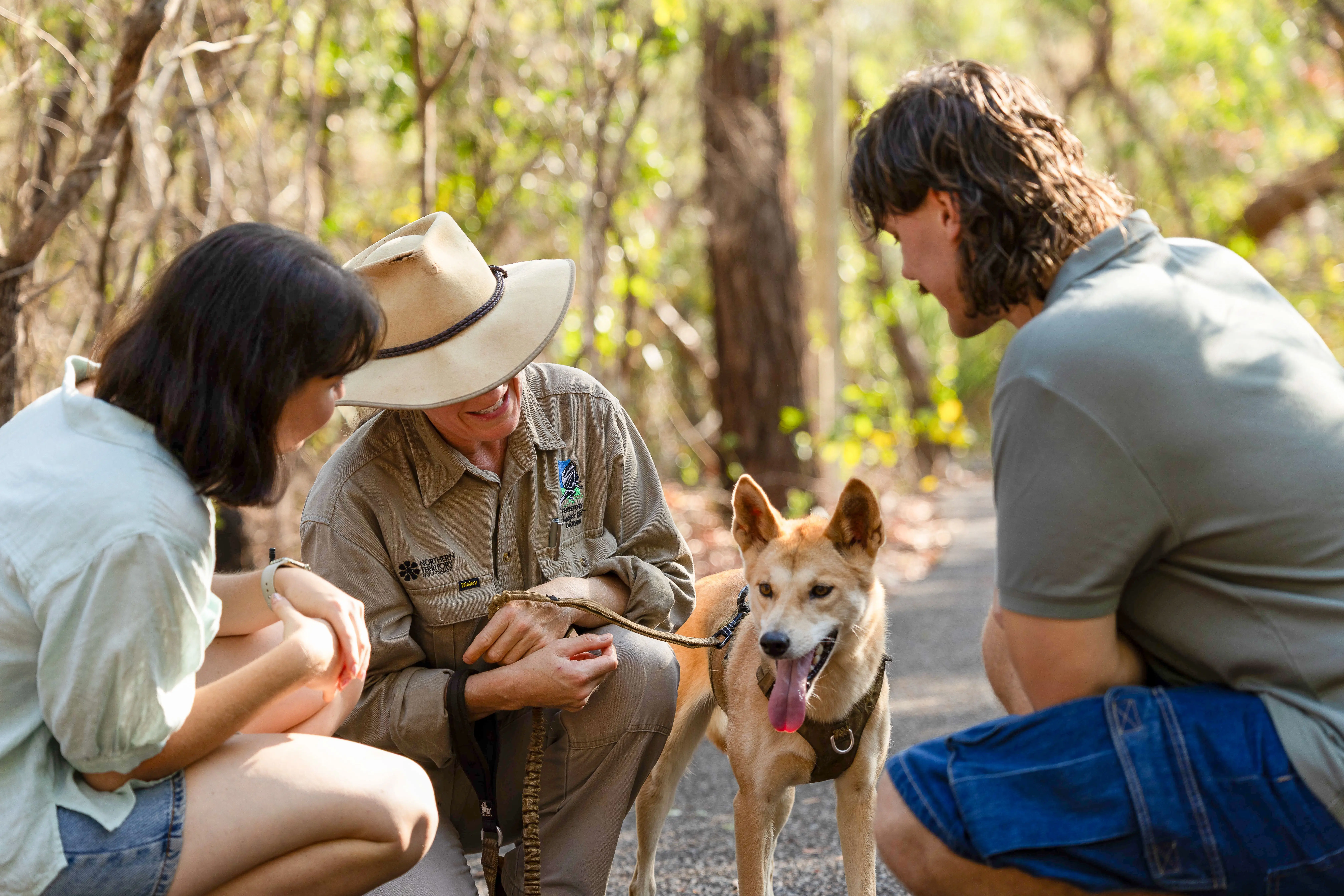 Three people crouch on a bush track with a leashed dingo in a natural outdoor setting.